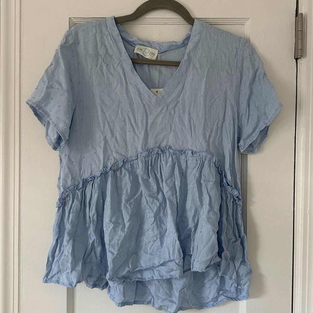 NWT Francesca’s collection Jun & Ivy Light Blue V-Neck Ruffle Top